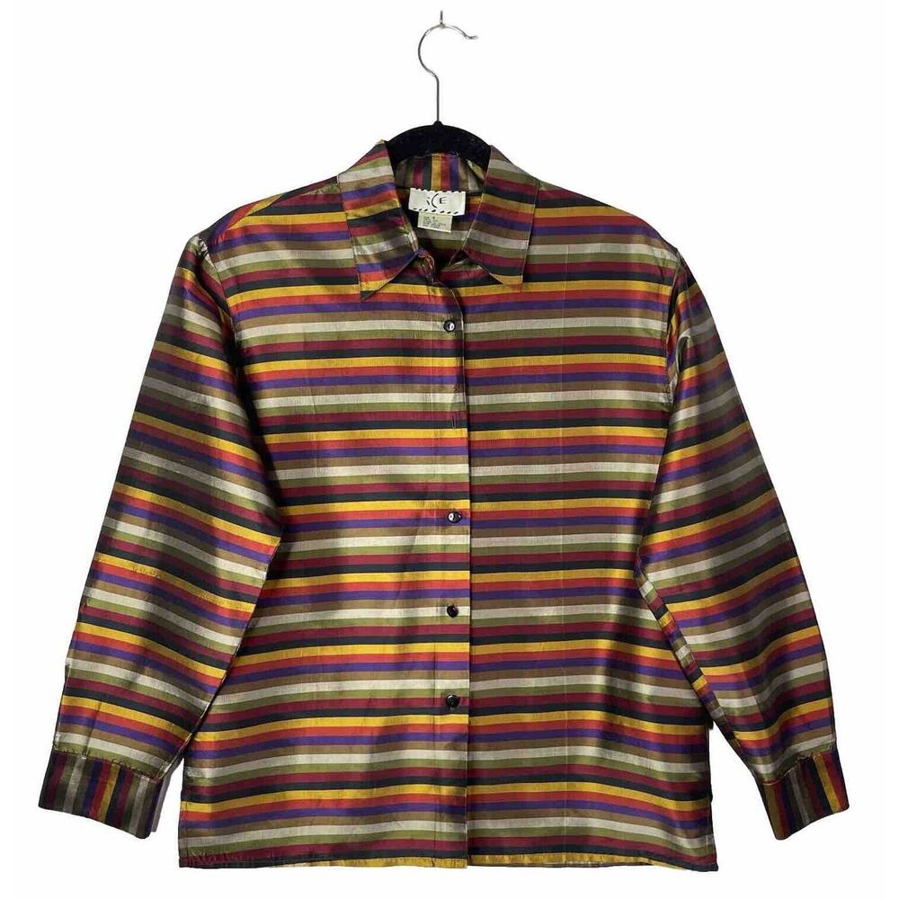 Vintage‎ Ice 100% Silk Striped Blouse Sz 8 Boxy Fit Artsy Colorful Retro Top